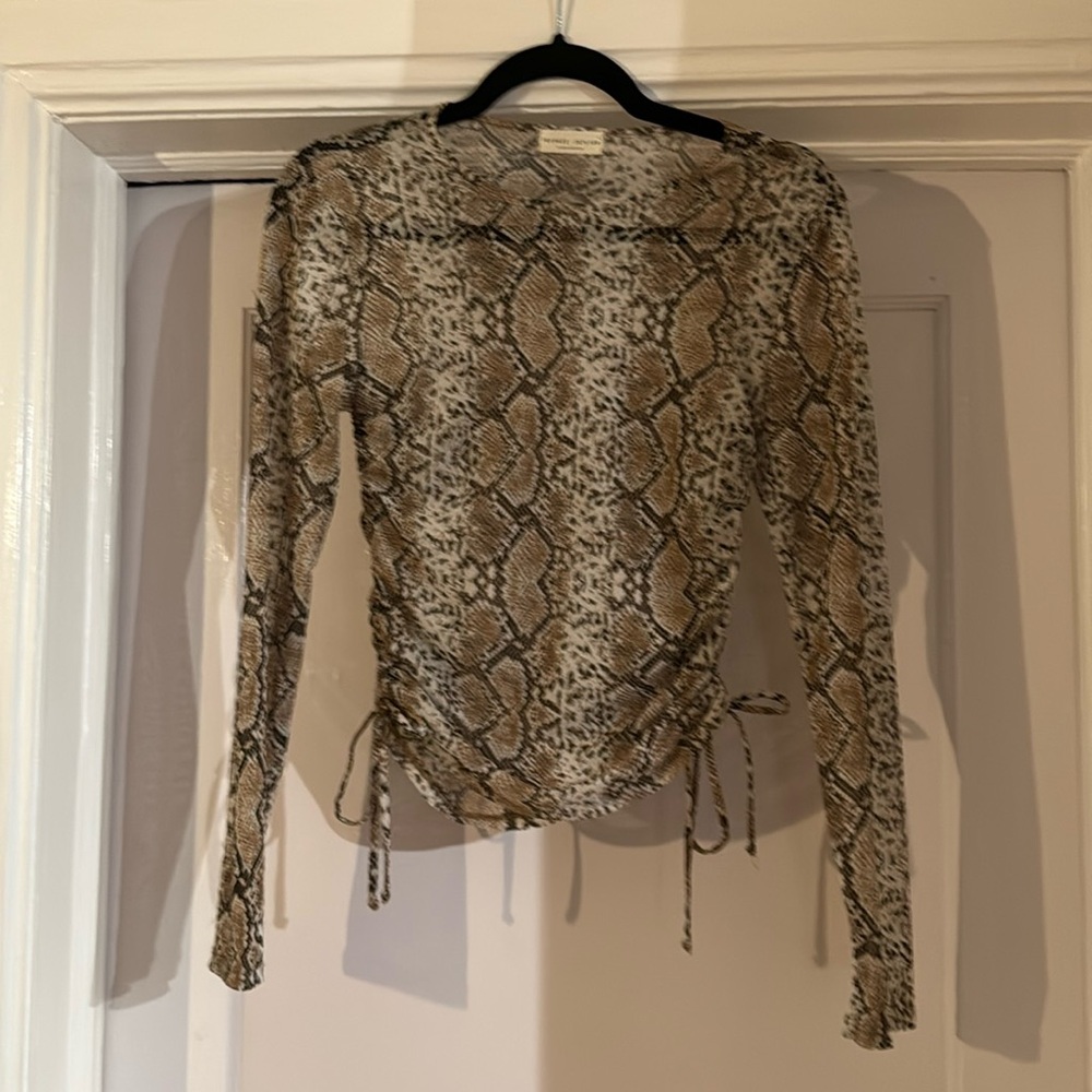 Snake Print Mesh Long Sleeve Ruched Side Tie Shirt - Large